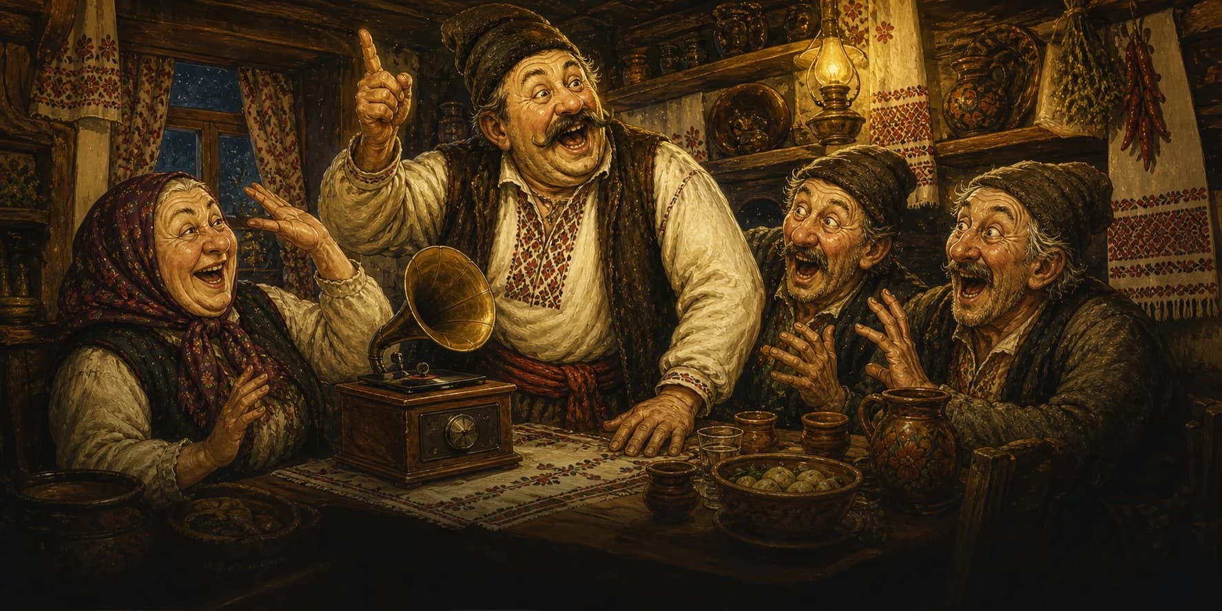 Веселий кум схопився виголосити приказку, а бабця й діди сміються